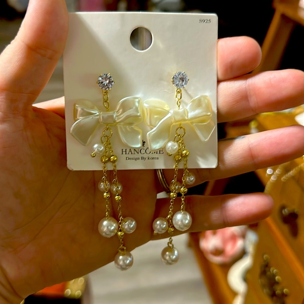 Faux Pear and Bow Dangle Earrings New